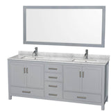 Wyndham Collection - Sheffield 80 Inch Double Bathroom Vanity in Gray, White Carrara Marble Countertop, Undermount Square Sinks, and 70 Inch Mirror - Gray
