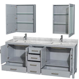 Sheffield 80 Inch Double Bathroom Vanity in Espresso, White Carrara Marble Countertop, Undermount Square Sinks, and Medicine Cabinets