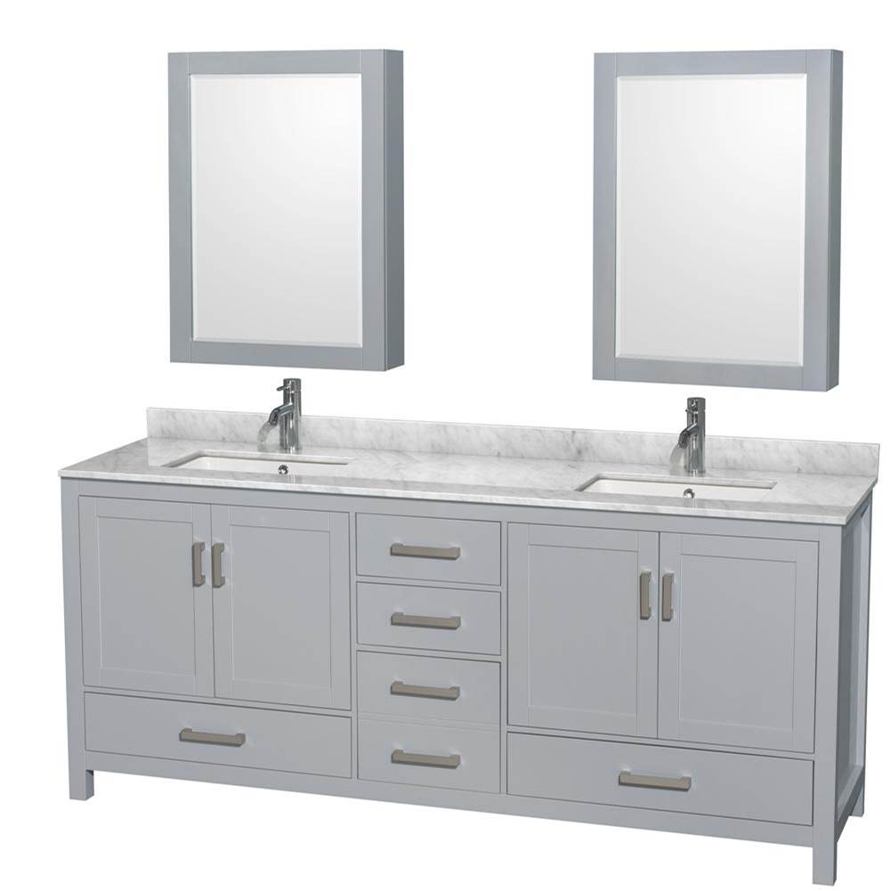 Wyndham Collection - Sheffield 80 Inch Double Bathroom Vanity in Gray, White Carrara Marble Countertop, Undermount Square Sinks, and Medicine Cabinets - Gray