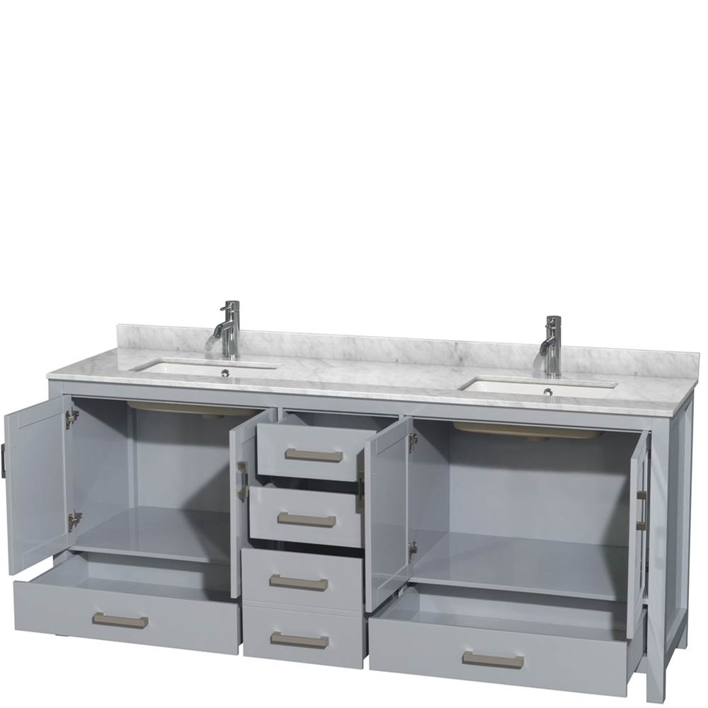 Sheffield 80 Inch Double Bathroom Vanity in Espresso, White Carrara Marble Countertop, Undermount Square Sinks, and No Mirror