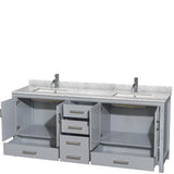 Sheffield 80 Inch Double Bathroom Vanity in Espresso, White Carrara Marble Countertop, Undermount Square Sinks, and No Mirror
