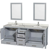 Sheffield 80 Inch Double Bathroom Vanity in Gray, Calacatta Quartz Countertop, Undermount Square Sinks, 24 Inch Mirrors