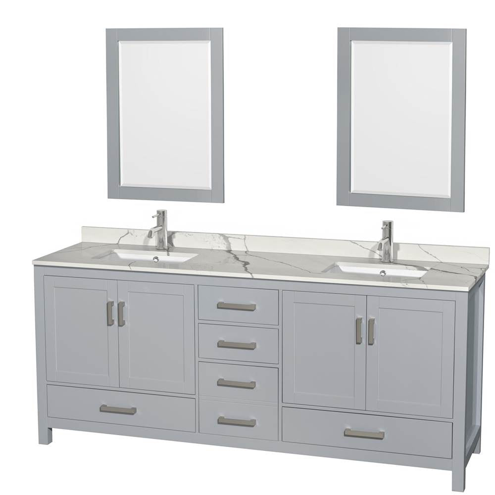Wyndham Collection - Sheffield 80 Inch Double Bathroom Vanity in Gray, Calacatta Quartz Countertop, Undermount Square Sinks, 24 Inch Mirrors - Gray