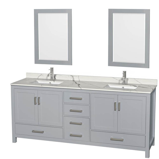 Wyndham Collection - Sheffield 80 Inch Double Bathroom Vanity in Gray, Calacatta Quartz Countertop, Undermount Square Sinks, 24 Inch Mirrors - Gray