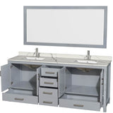 Sheffield 80 Inch Double Bathroom Vanity in Gray, Calacatta Quartz Countertop, Undermount Square Sinks, 70 Inch Mirror