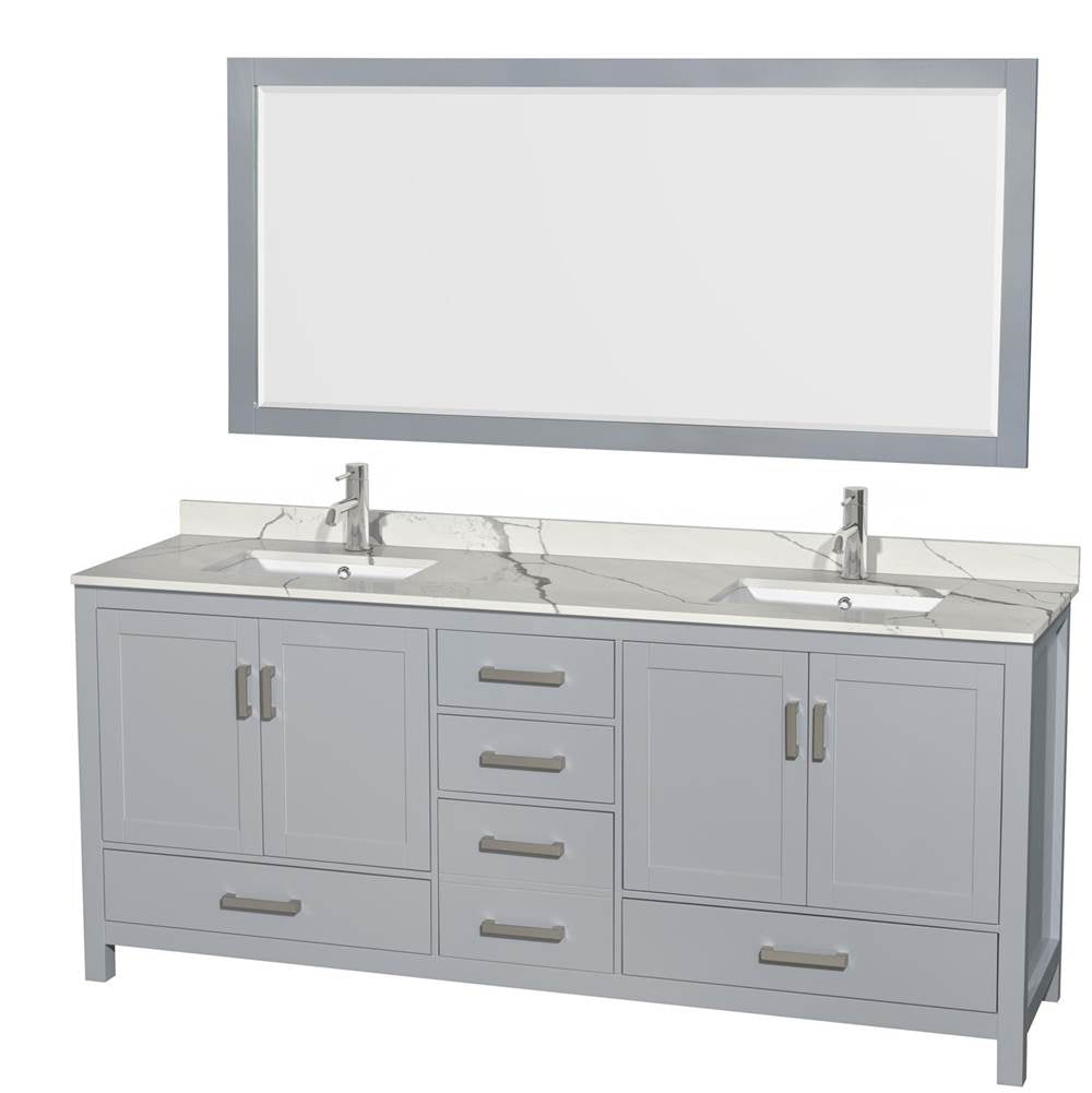 Wyndham Collection - Sheffield 80 Inch Double Bathroom Vanity in Gray, Calacatta Quartz Countertop, Undermount Square Sinks, 70 Inch Mirror - Gray
