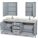 Sheffield 80 Inch Double Bathroom Vanity in Gray, Calacatta Quartz Countertop, Undermount Square Sinks, Medicine Cabinets
