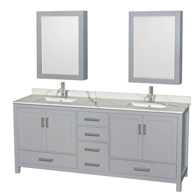 Wyndham Collection - Sheffield 80 Inch Double Bathroom Vanity in Gray, Calacatta Quartz Countertop, Undermount Square Sinks, Medicine Cabinets - Gray