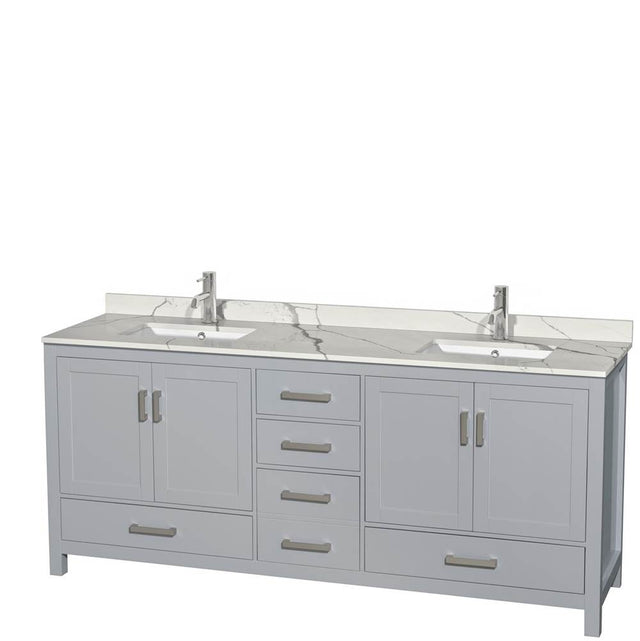 Wyndham Collection - Sheffield 80 Inch Double Bathroom Vanity in Gray, Calacatta Quartz Countertop, Undermount Square Sinks, No Mirror - Gray