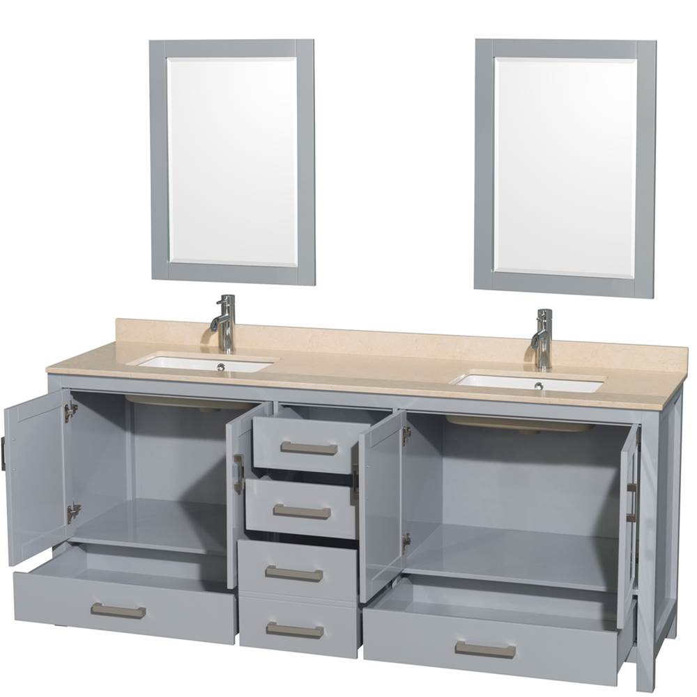Sheffield 80 Inch Double Bathroom Vanity in Espresso, Ivory Marble Countertop, Undermount Square Sinks, and 24 Inch Mirrors