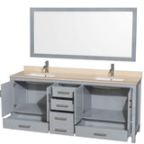 Sheffield 80 Inch Double Bathroom Vanity in Espresso, Ivory Marble Countertop, Undermount Square Sinks, and 70 Inch Mirror