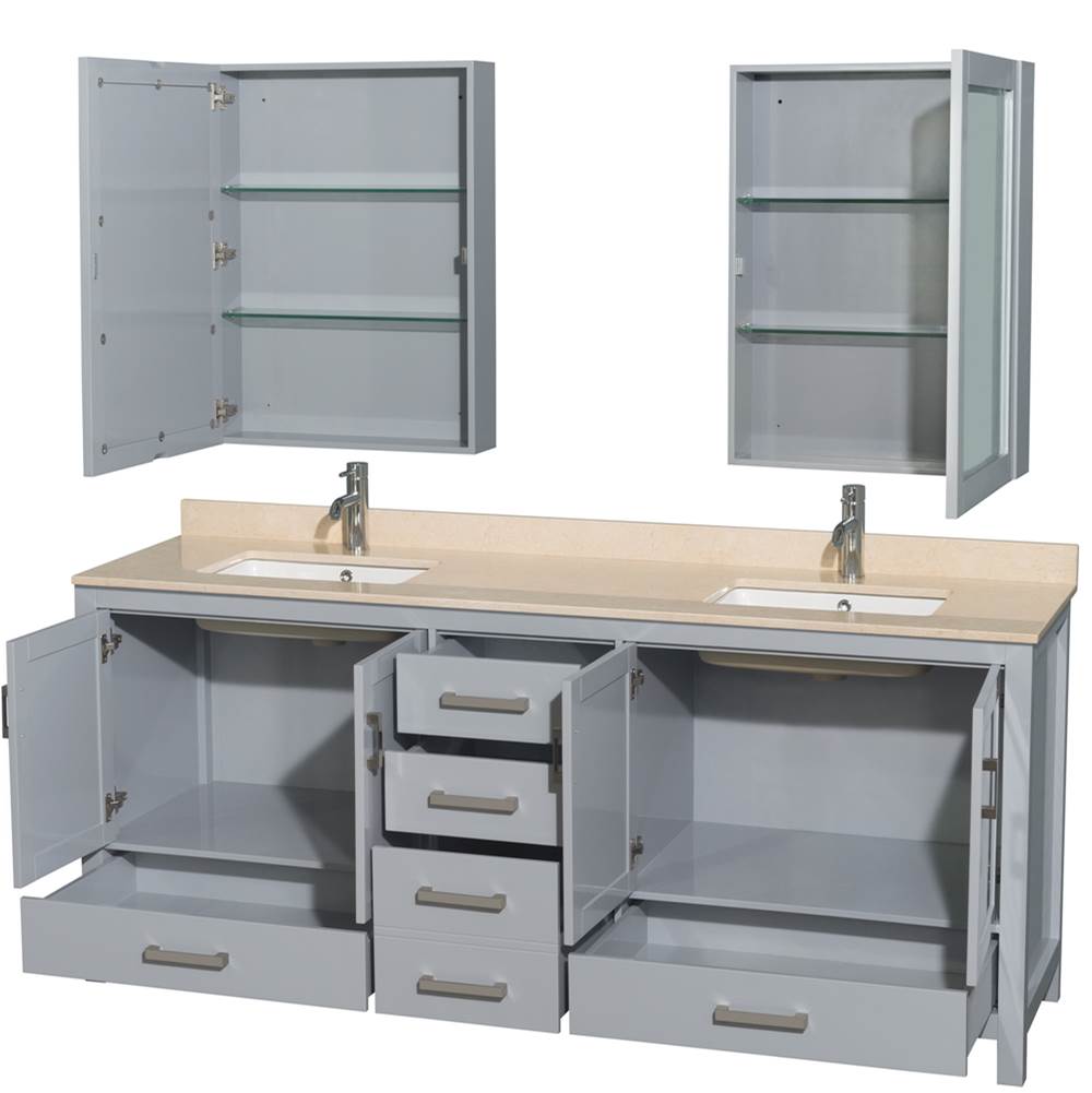 Sheffield 80 Inch Double Bathroom Vanity in Espresso, Ivory Marble Countertop, Undermount Square Sinks, and Medicine Cabinets