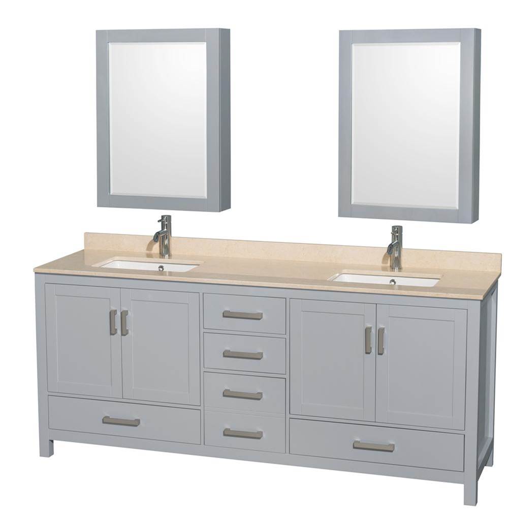 Wyndham Collection - Sheffield 80 Inch Double Bathroom Vanity in Gray, Ivory Marble Countertop, Undermount Square Sinks, and Medicine Cabinets - Gray
