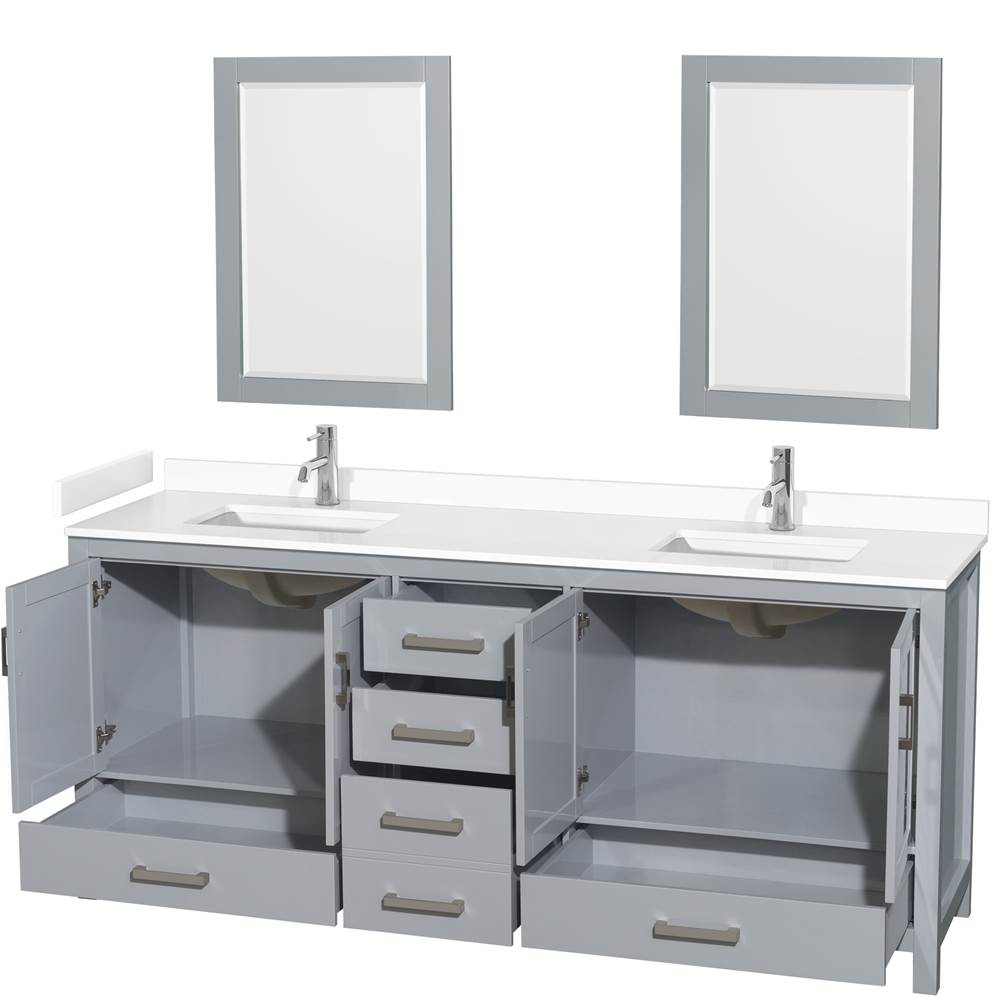 Sheffield 80 Inch Double Bathroom Vanity in Gray, White Cultured Marble Countertop, Undermount Square Sinks, 24 Inch Mirrors