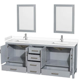 Sheffield 80 Inch Double Bathroom Vanity in Gray, White Cultured Marble Countertop, Undermount Square Sinks, 24 Inch Mirrors