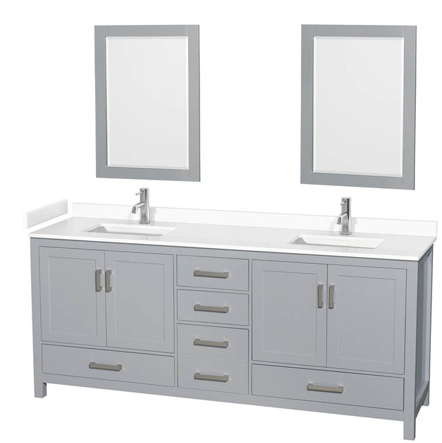 Wyndham Collection - Sheffield 80 Inch Double Bathroom Vanity in Gray, White Cultured Marble Countertop, Undermount Square Sinks, 24 Inch Mirrors
