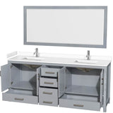 Sheffield 80 Inch Double Bathroom Vanity in Gray, White Cultured Marble Countertop, Undermount Square Sinks, 70 Inch Mirror