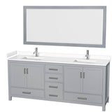 Wyndham Collection - Sheffield 80 Inch Double Bathroom Vanity in Gray, White Cultured Marble Countertop, Undermount Square Sinks, 70 Inch Mirror