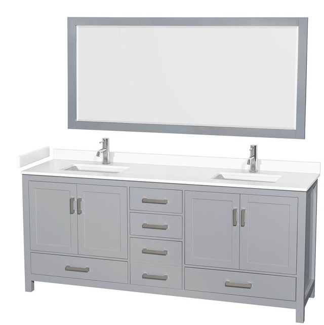 Wyndham Collection - Sheffield 80 Inch Double Bathroom Vanity in Gray, White Cultured Marble Countertop, Undermount Square Sinks, 70 Inch Mirror