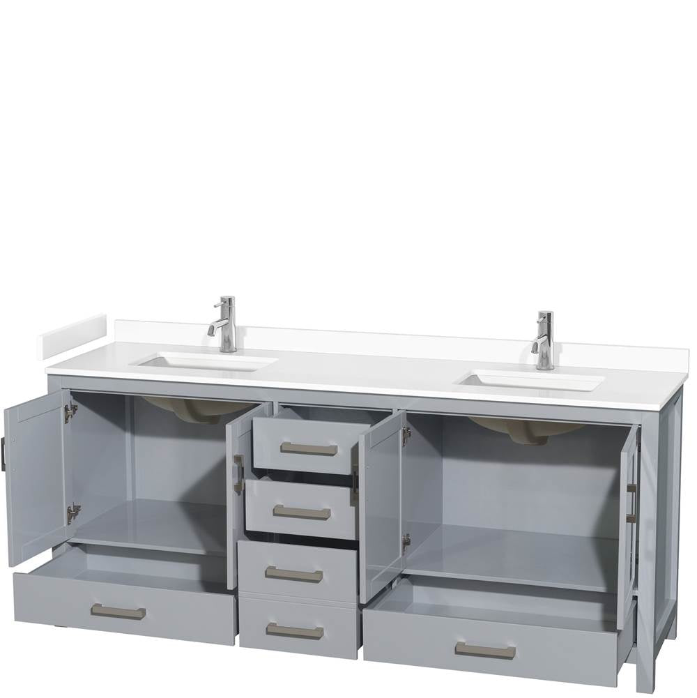 Sheffield 80 Inch Double Bathroom Vanity in Gray, White Cultured Marble Countertop, Undermount Square Sinks, No Mirror