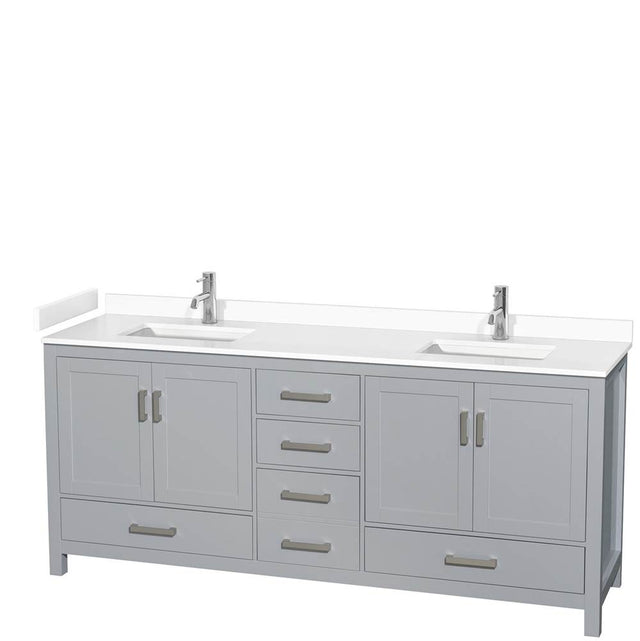 Wyndham Collection - Sheffield 80 Inch Double Bathroom Vanity in Gray, White Cultured Marble Countertop, Undermount Square Sinks, No Mirror