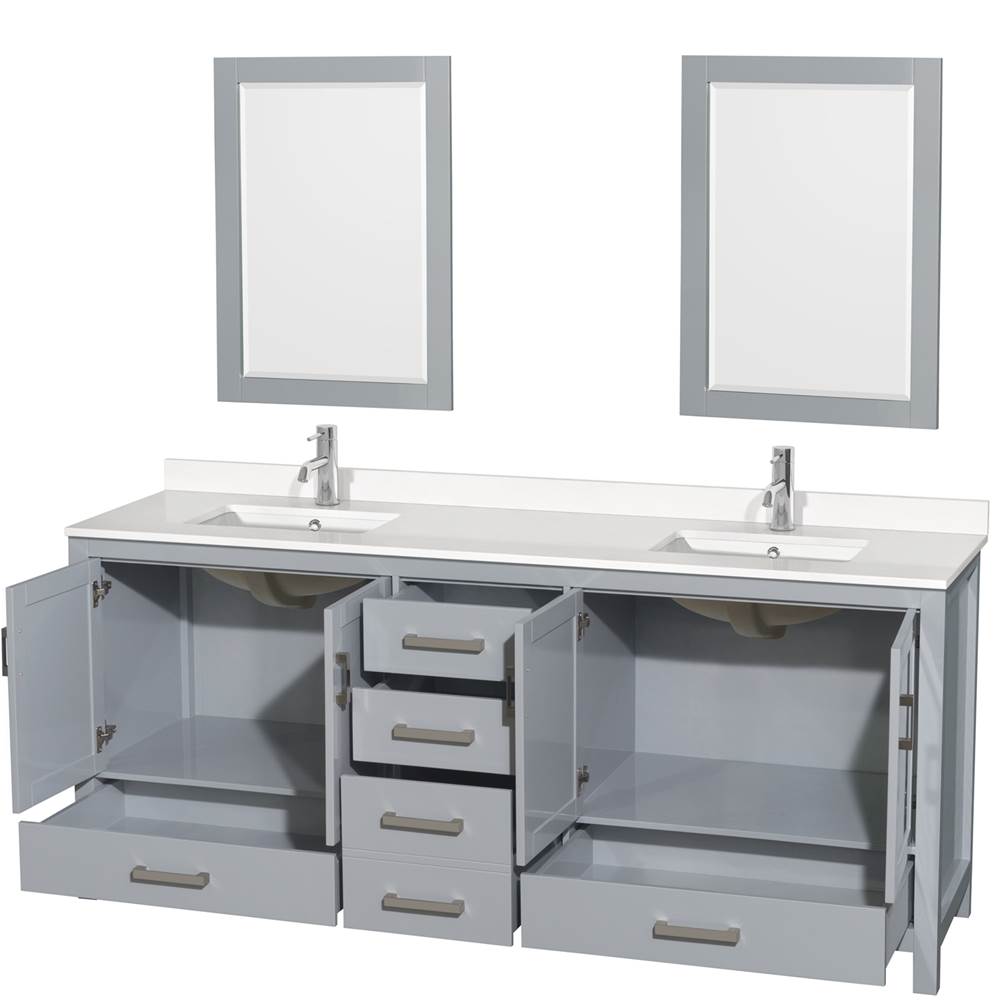 Sheffield 80 Inch Double Bathroom Vanity in Gray, White Quartz Countertop, Undermount Square Sinks, 24 Inch Mirrors