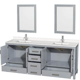 Sheffield 80 Inch Double Bathroom Vanity in Gray, White Quartz Countertop, Undermount Square Sinks, 24 Inch Mirrors
