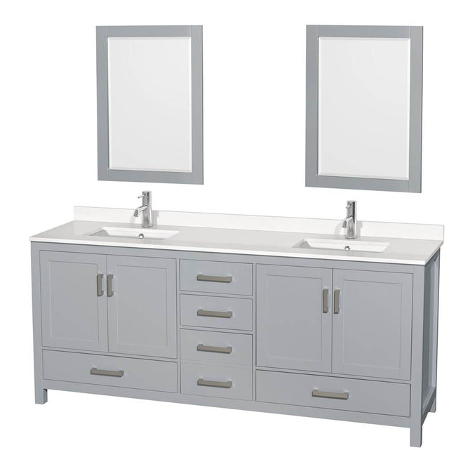 Wyndham Collection - Sheffield 80 Inch Double Bathroom Vanity in Gray, White Quartz Countertop, Undermount Square Sinks, 24 Inch Mirrors - Gray