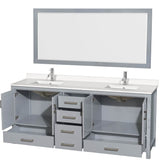 Sheffield 80 Inch Double Bathroom Vanity in Gray, White Quartz Countertop, Undermount Square Sinks, 70 Inch Mirror