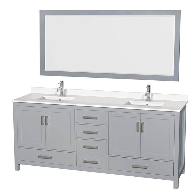 Wyndham Collection - Sheffield 80 Inch Double Bathroom Vanity in Gray, White Quartz Countertop, Undermount Square Sinks, 70 Inch Mirror - Gray