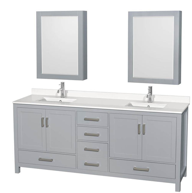 Wyndham Collection - Sheffield 80 Inch Double Bathroom Vanity in Gray, White Quartz Countertop, Undermount Square Sinks, Medicine Cabinets - Gray