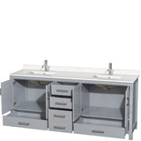 Sheffield 80 Inch Double Bathroom Vanity in Gray, White Quartz Countertop, Undermount Square Sinks, No Mirror