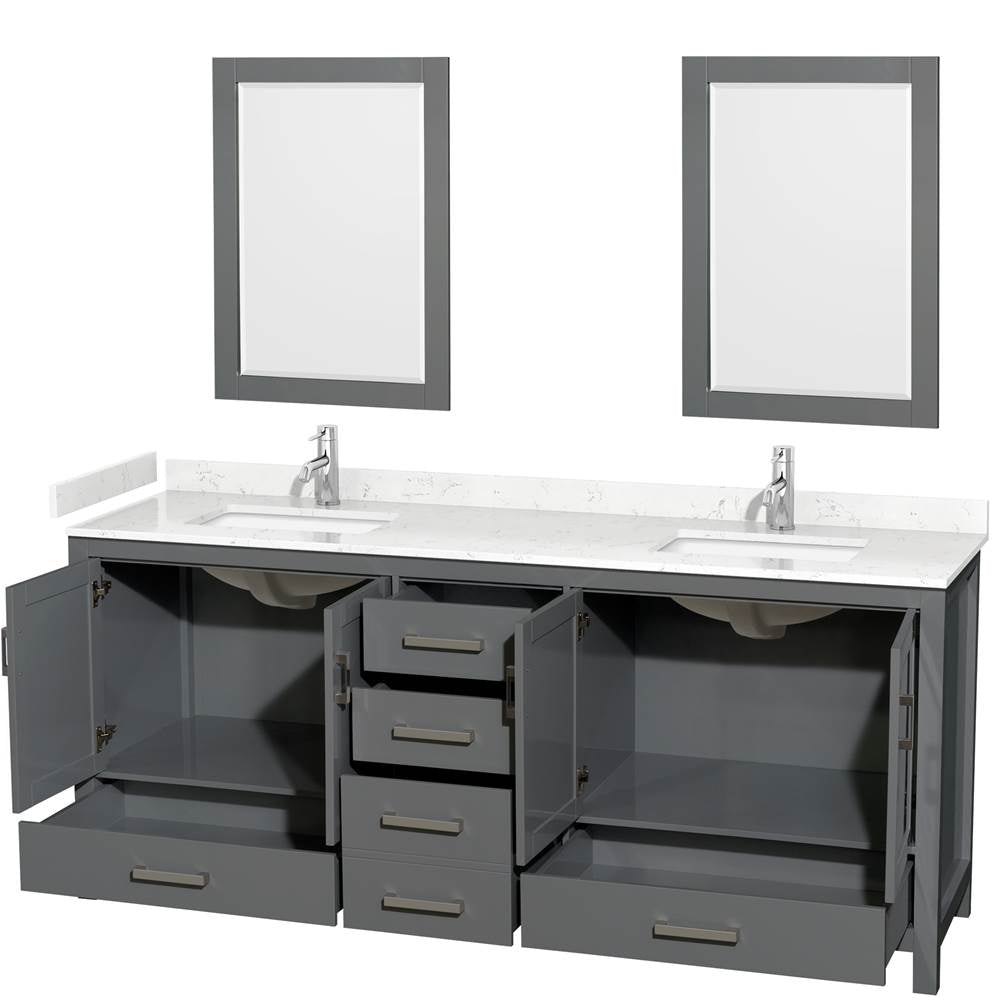 Sheffield 80 Inch Double Bathroom Vanity in Dark Gray, Carrara Cultured Marble Countertop, Undermount Square Sinks, 24 Inch Mirrors