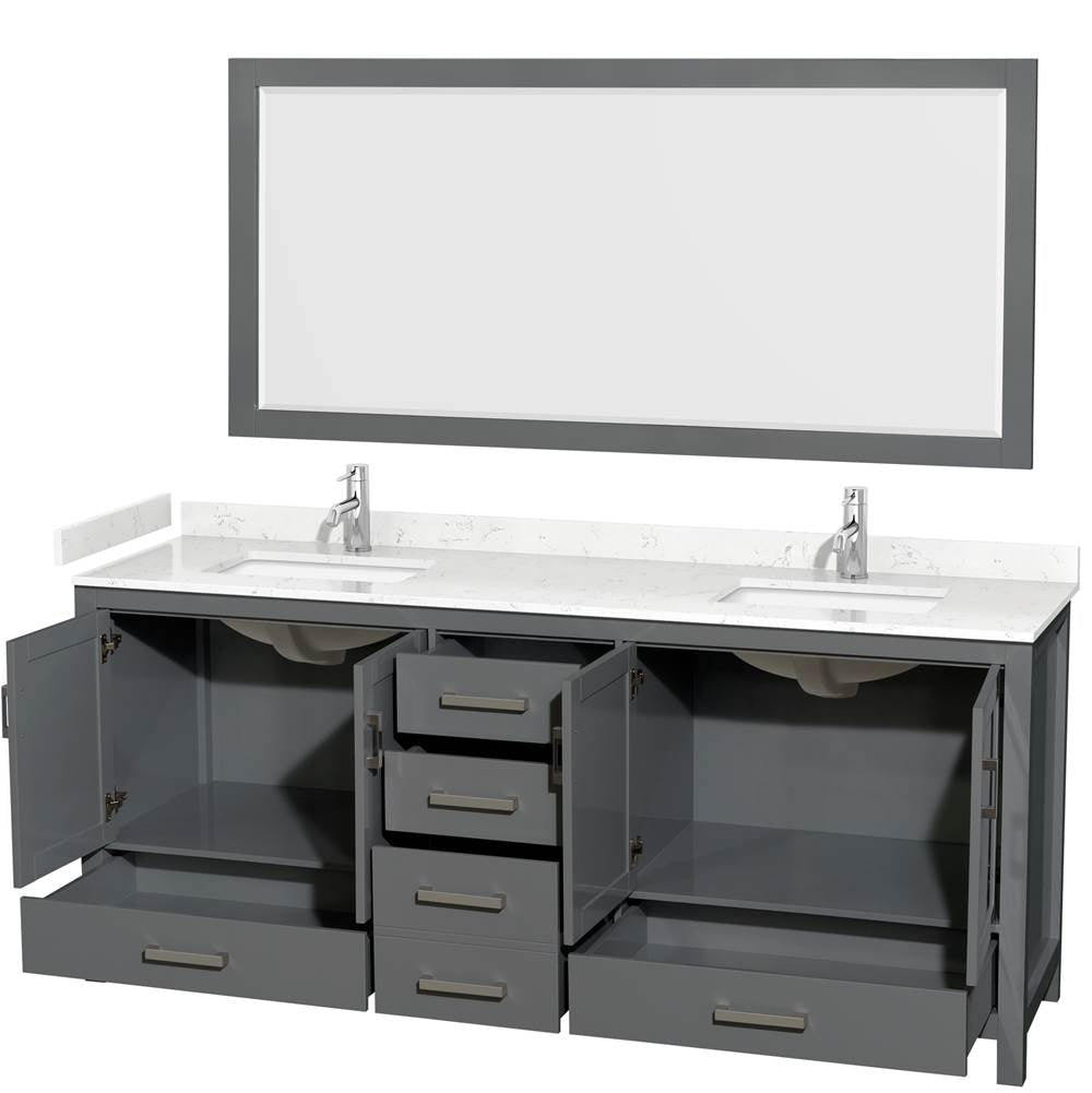 Sheffield 80 Inch Double Bathroom Vanity in Dark Gray, Carrara Cultured Marble Countertop, Undermount Square Sinks, 70 Inch Mirror