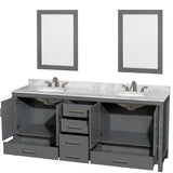 Sheffield 80 Inch Double Bathroom Vanity in Espresso, White Carrara Marble Countertop, Undermount Oval Sinks, and 24 Inch Mirrors