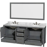Sheffield 80 Inch Double Bathroom Vanity in Espresso, White Carrara Marble Countertop, Undermount Oval Sinks, and 70 Inch Mirror