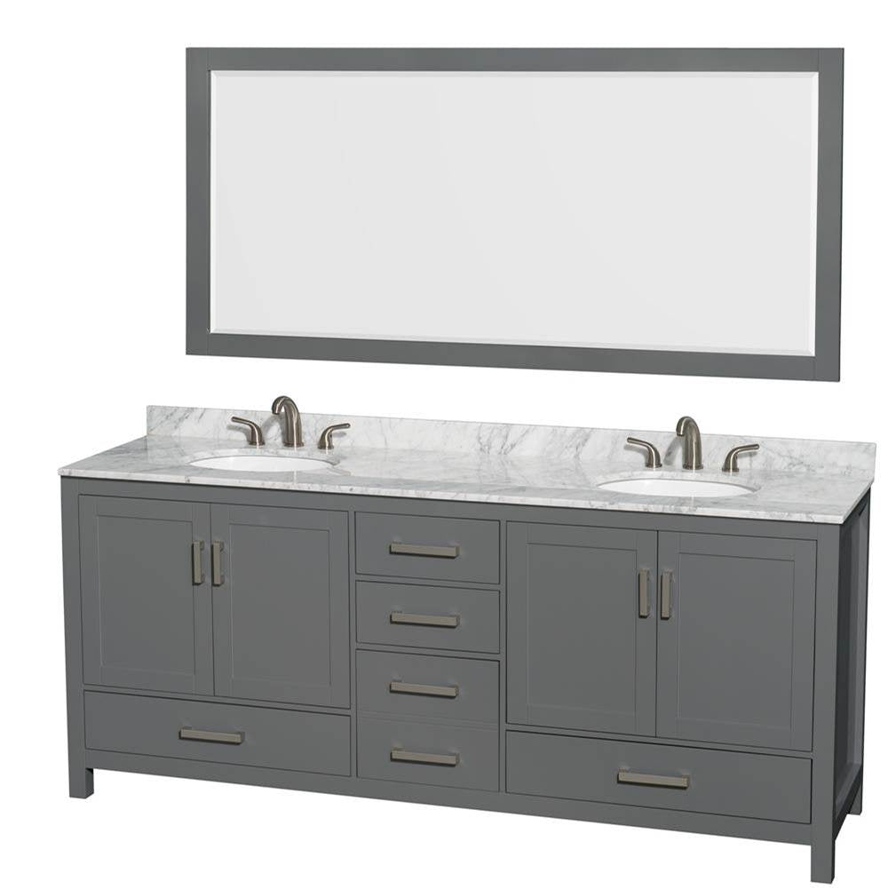 Wyndham Collection - Sheffield 80 Inch Double Bathroom Vanity in Dark Gray, White Carrara Marble Countertop, Undermount Oval Sinks, and 70 Inch Mirror - Dark Gray