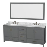 Wyndham Collection - Sheffield 80 Inch Double Bathroom Vanity in Dark Gray, White Carrara Marble Countertop, Undermount Oval Sinks, and 70 Inch Mirror - Dark Gray