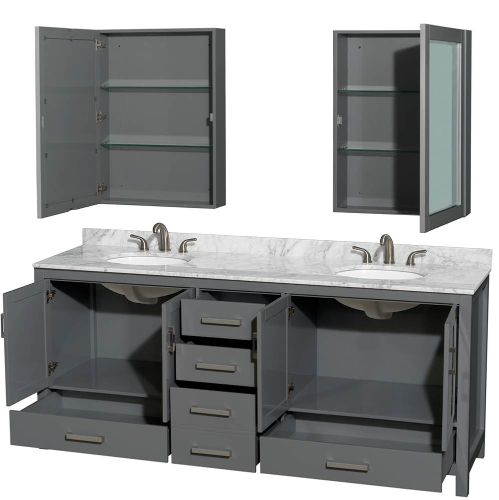 Sheffield 80 Inch Double Bathroom Vanity in Espresso, White Carrara Marble Countertop, Undermount Oval Sinks, and Medicine Cabinets