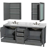 Sheffield 80 Inch Double Bathroom Vanity in Espresso, White Carrara Marble Countertop, Undermount Oval Sinks, and Medicine Cabinets