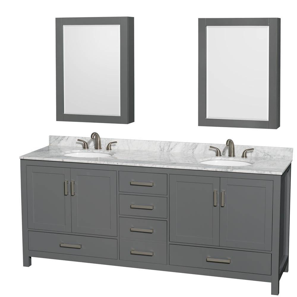 Wyndham Collection - Sheffield 80 Inch Double Bathroom Vanity in Dark Gray, White Carrara Marble Countertop, Undermount Oval Sinks, and Medicine Cabinets - Dark Gray