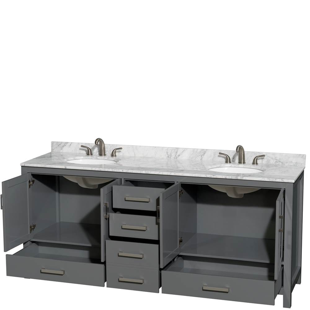 Sheffield 80 Inch Double Bathroom Vanity in Espresso, White Carrara Marble Countertop, Undermount Oval Sinks, and No Mirror