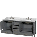 Sheffield 80 Inch Double Bathroom Vanity in Espresso, White Carrara Marble Countertop, Undermount Oval Sinks, and No Mirror