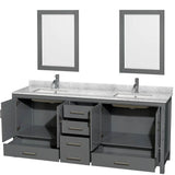 Sheffield 80 Inch Double Bathroom Vanity in Espresso, White Carrara Marble Countertop, Undermount Square Sinks, and 24 Inch Mirrors
