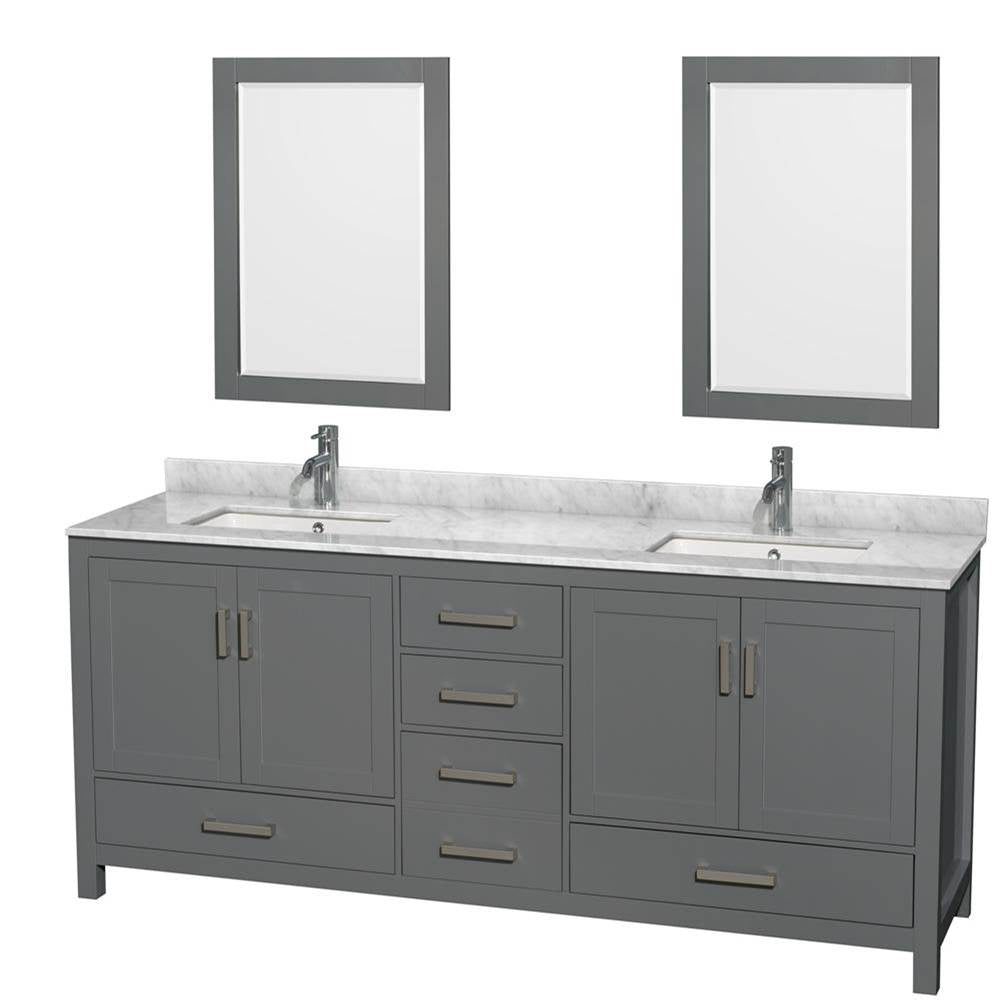 Wyndham Collection - Sheffield 80 Inch Double Bathroom Vanity in Dark Gray, White Carrara Marble Countertop, Undermount Square Sinks, and 24 Inch Mirrors - Dark Gray
