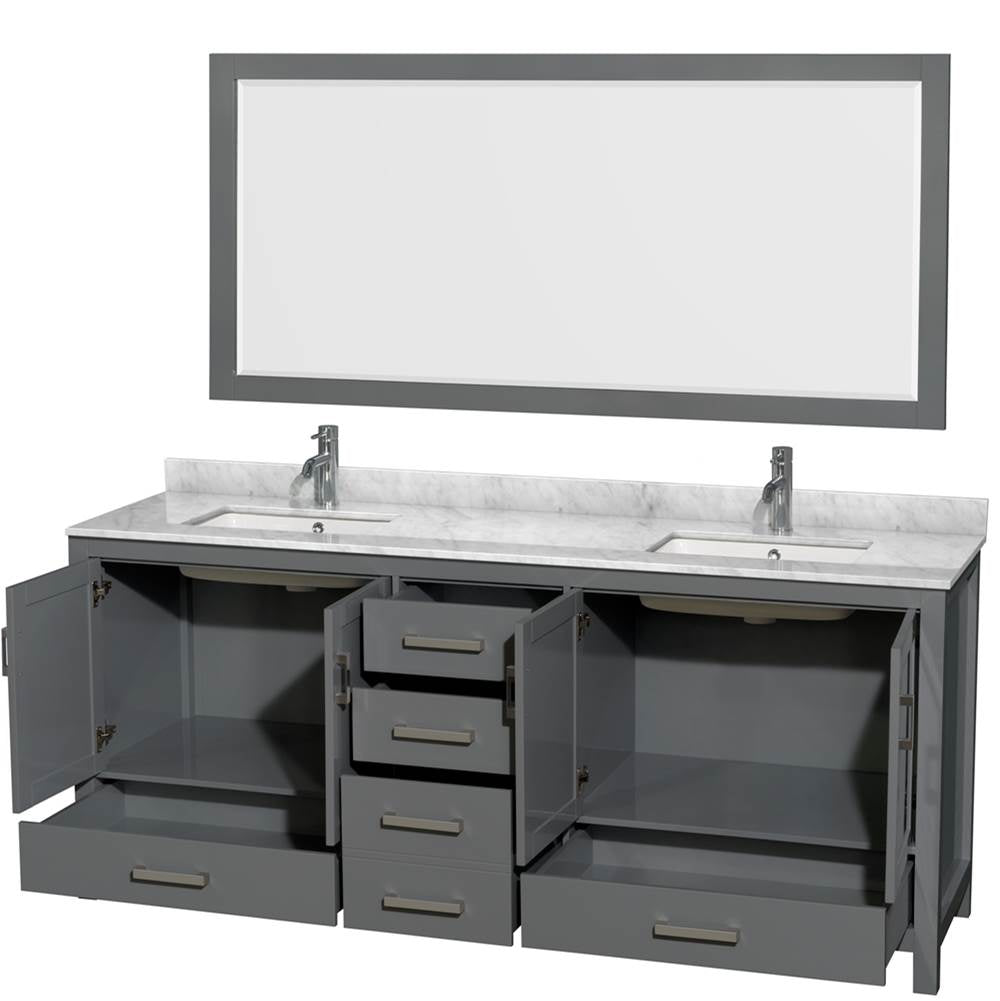 Sheffield 80 Inch Double Bathroom Vanity in Espresso, White Carrara Marble Countertop, Undermount Square Sinks, and 70 Inch Mirror