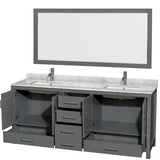 Sheffield 80 Inch Double Bathroom Vanity in Espresso, White Carrara Marble Countertop, Undermount Square Sinks, and 70 Inch Mirror