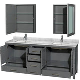Sheffield 80 Inch Double Bathroom Vanity in Espresso, White Carrara Marble Countertop, Undermount Square Sinks, and Medicine Cabinets