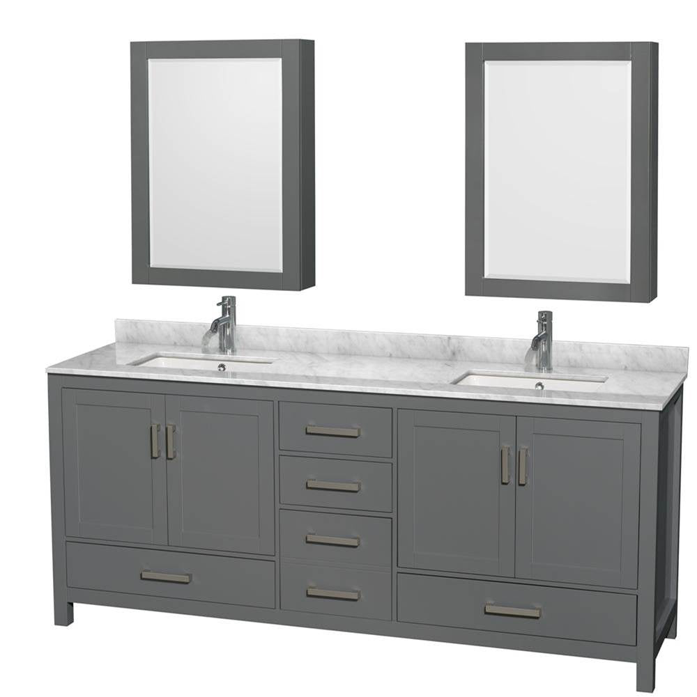 Wyndham Collection - Sheffield 80 Inch Double Bathroom Vanity in Dark Gray, White Carrara Marble Countertop, Undermount Square Sinks, and Medicine Cabinets - Dark Gray