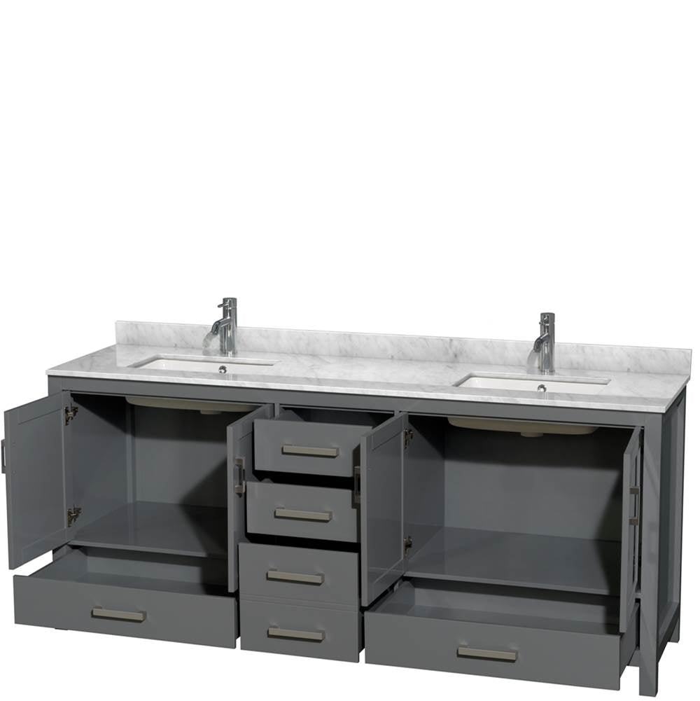 Sheffield 80 Inch Double Bathroom Vanity in Espresso, White Carrara Marble Countertop, Undermount Square Sinks, and No Mirror